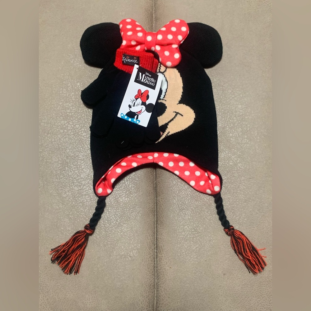 Disney Minnie Mouse Girls 2 Piece Black Knit Bowed Beanie Hat & Gloves NEW OSFM